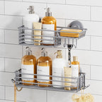 TAILI Shower Caddy Suction Cup 2 Pack with Hooks & Soap holder, Heavy Duty Shower Organizer for Bathroom, No Drilling Bathroom Organizer with Large Capacity, Metal Storage Basket-Grey