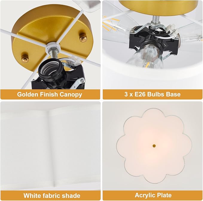 Modern Drum Semi Flush Mount Ceiling Light 17.71" Modern 3-Lights Gold Drum Ceiling Lighting Fixture Vintage Linen Ceiling Lamp for Laundry Room, Kitchen, Basement, Bedroom