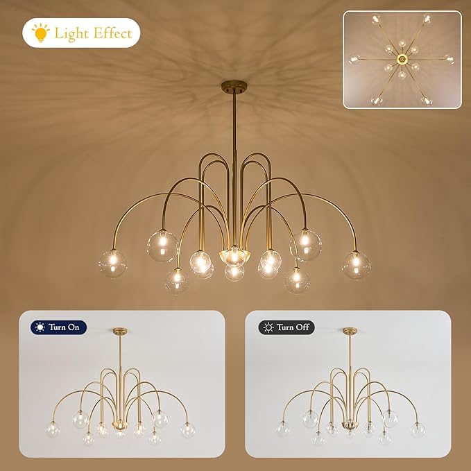 Mid Century Gold Sputnik Chandelier 12 Lights Modern Large L52” Clear Glass Globe Pendant Light Fixture for High Ceiling Foyer Staircase Living Dining Room
