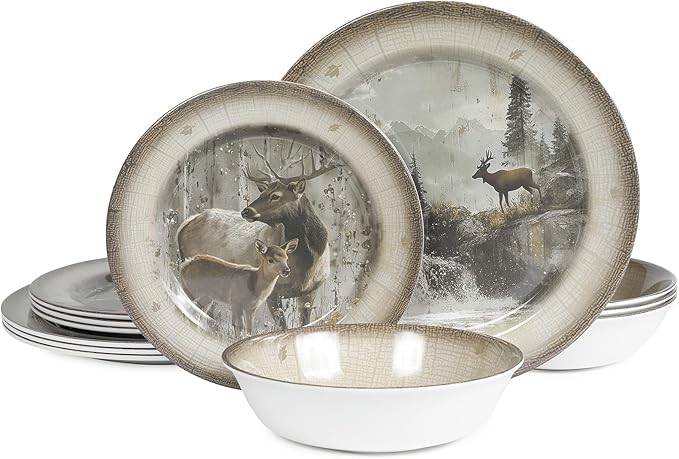 Melamine Dinnerware set for 4 - Dinner Plates Bowls Set 12 PCS Durable BPA Free Dishwasher Safe Shatter-Proof Chip Resistant for Indoor Outdoor, Deer