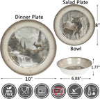Melamine Dinnerware set for 4 - Dinner Plates Bowls Set 12 PCS Durable BPA Free Dishwasher Safe Shatter-Proof Chip Resistant for Indoor Outdoor, Deer