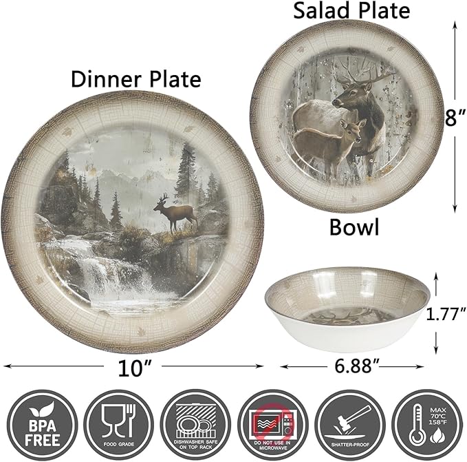 Melamine Dinnerware set for 4 - Dinner Plates Bowls Set 12 PCS Durable BPA Free Dishwasher Safe Shatter-Proof Chip Resistant for Indoor Outdoor, Deer