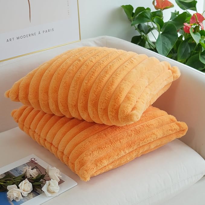 JOJUSIS Pack of 2 Faux Fur Plush Decorative Throw Pillow Covers Couch Cushion Case Soft Pillowcases (Orange, 20 x 20-Inch)