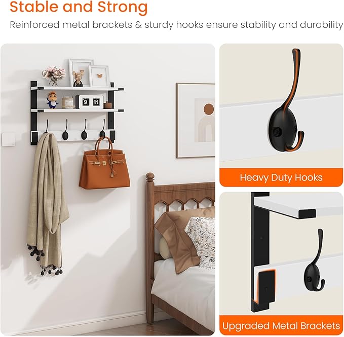 Homode Two-Tier Coat Rack with Shelf, 17 Inch Wood Coat Hanger Wall Mount, Entryway Wall Shelf with Heavy Duty Key Hooks, Hanging Storage Shelves for Display Books Plants Photos, White