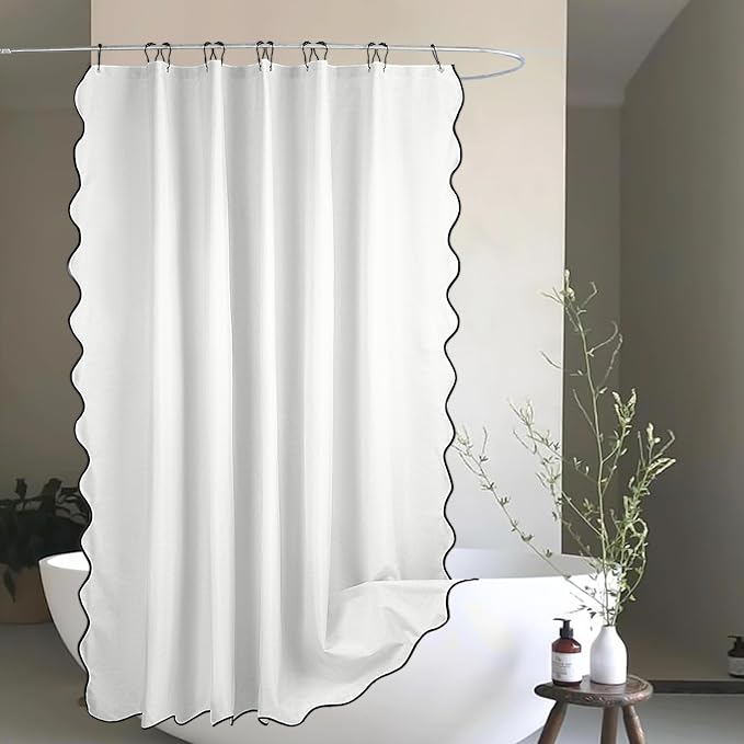 White and Black Scalloped Edge Shower Curtain Linen Textured with 12 Metal Hooks Cute Chic Heavy Duty Washable Waterproof Neutral Thick Shower Curtain Sets for Hotel Bathroom 72x72 inches