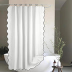 White and Black Scalloped Edge Shower Curtain Linen Textured with 12 Metal Hooks Cute Heavy Duty Washable Waterproof Neutral Thick Extra Long Chic Shower Curtain Sets for Hotel Bathroom 72x84 inches
