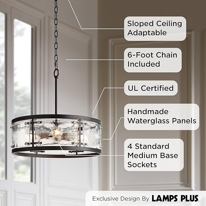 Possini Euro Design Bronze Pendant Light - 4 Light, Clear Waterglass Drum Shade, Bronze Brass Rustic Modern Pendant Light for Kitchen Islands, Dining Rooms, and Living Rooms - 19" Wide, 18 1/4" High