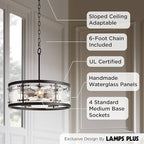 Possini Euro Design Bronze Pendant Light - 4 Light, Clear Waterglass Drum Shade, Bronze Brass Rustic Modern Pendant Light for Kitchen Islands, Dining Rooms, and Living Rooms - 19" Wide, 18 1/4" High