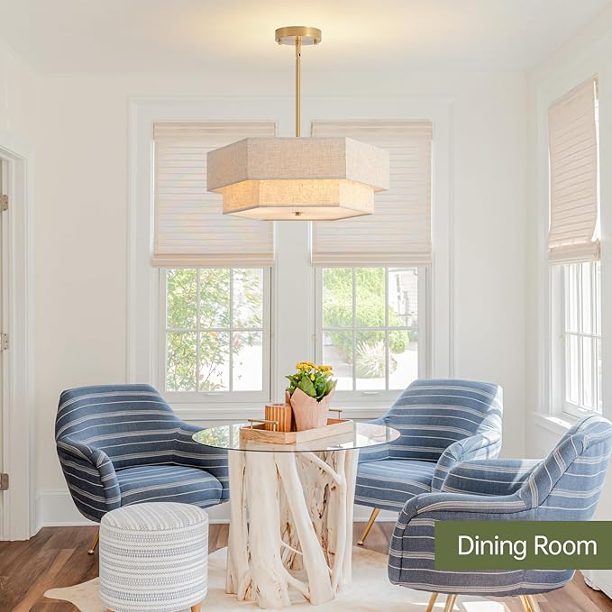 17.7" Modern Chandeliers for Dining Room, 3-Light Ceiling Pendant Light Gold Bedroom Light Fixture with 2-Layer Linen Drum Shade, Vintage Brass Chandelier for Kitchen Entryway Living Room