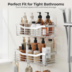 Orimade Shower Caddy Basket Shelf with 5 Hooks Adhesive Organizer Storage Rack Rustproof Wall Mounted Stainless Steel No Drilling for Bathroom, Toilet, Kitchen - 2 Pack