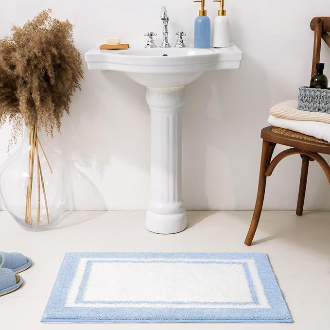 GRANNY SAYS Microfiber Bathroom Rugs Non Slip Washable, Water Absorbent Bathroom Mats for Tub Non Slip, Soft Bath Mats for Floor & Shower, Bath Rug, 16" x 24", Black Bath Rug, Baby Blue