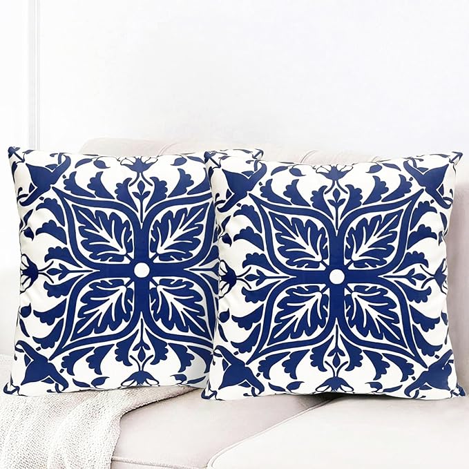 Decorative Throw Pillow Covers Set of 2 Blue Pillow Covers 16x16 inch Short Plush Floral Flower Throw Pillows,Farmhouse Cushion Covers Outdoor Pillow Covers for Couch Sofa Bed Living Room