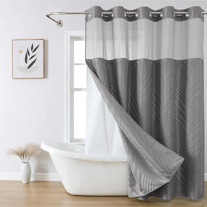 no Hook Shower Curtain and Liner Set，Boho Style with See Through Top Window, Black Fabric Tufted Striped Textured Outer Curtain & Waterproof Inner Liner, Grey/Gray, 71Wx80H
