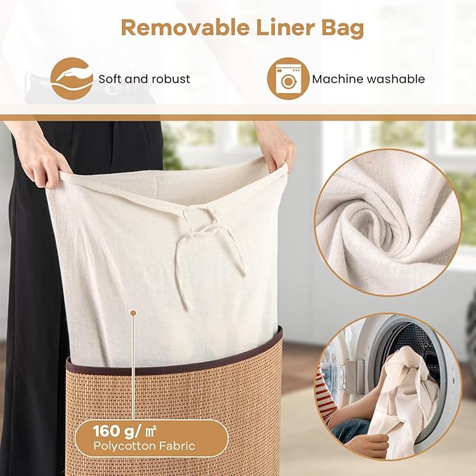Giantex Corner Laundry Hamper with Lid, 58 L Bamboo Laundry Basket with Removable Liner & Handle, Triangle Clothes Hamper for Small Spaces, Bedroom, Bathroom, Laundry & Living Room (Bamboo)