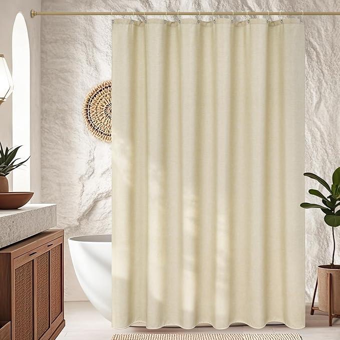 Faux Linen Textured Farmhouse Beige Shower Curtain, Heavy Duty Cream Fabric Shower Curtain Wrinkle-Free, 72 x 72 inch Natural Linen Look Water Repellent Shower Curtains Washable for Bathroom