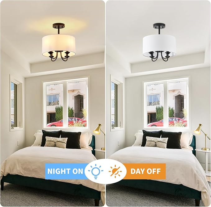 Semi Flush Mount Ceiling Light Fixture Black 4-Light Modern Chandelier Ceiling Light Fixtures Mount with White Drum Fabric Shade 12.6 inch Close to Ceiling Lighting for Foyer,Kitchen, Entryway