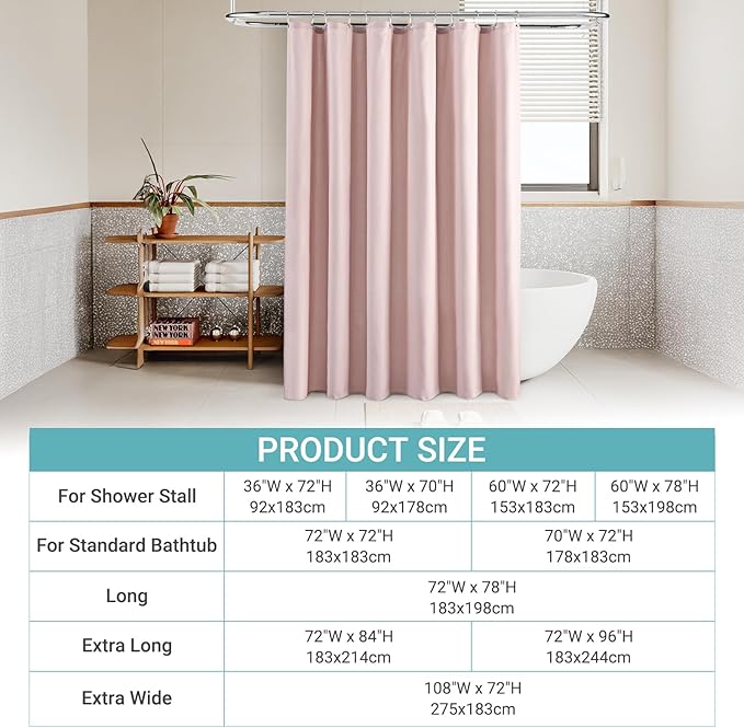 Linen Shower Curtain with 10 Hooks Modern Heavy Duty Washable Fabric Curtain Set Waterproof Thick Cloth Shower Curtains for Bathroom Bathtub Washable, W60*L70, Pink