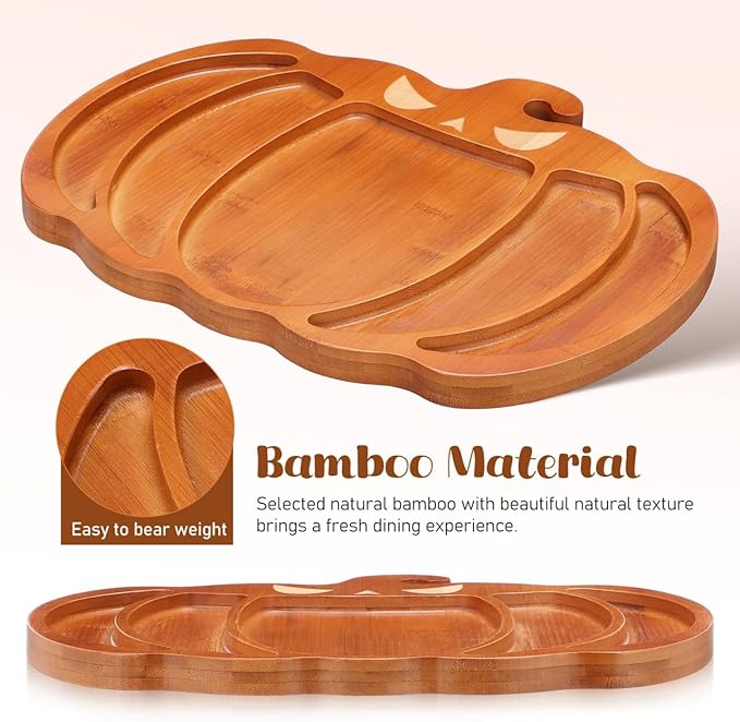 Ciieeo Halloween Pumpkin Charcuterie Board,14.9x11.4 Inches Pumpkin Shaped Serving Platter Sectional Bamboo Pumpkin Dish Plate for Fall Autumn Halloween Party,Thanksgiving Cheese Turkey Board
