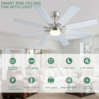 KNUN Nickel 48 Inch Ceiling Fans with Lights and Remote/APP Control, Low Profile Ceiling Fan, 8 Blades，LED Dimmable, Reversible DC Motor, Noiseless, Ceiling Fan for Bedroom Indoor/Outdoor Use