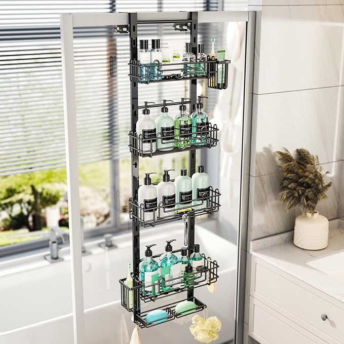HapiRm 5 Tier Over the Door Shower Caddy, Hanging Shower Caddy with 28 Hooks and 2 Toothbrush Holders, No Drilling Adjustable Hanging Bathroom Organizer - Black