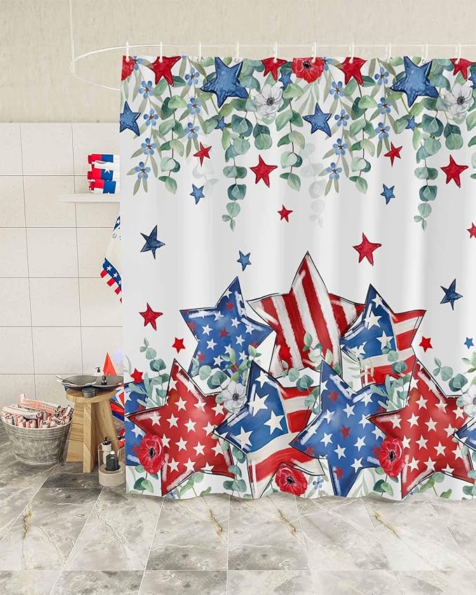 4th of July Shower Curtain, Patriotic Stars Stripes Shower Curtains Set with Hooks, Eucalyptus Leaves Independence Day Waterproof Fabric Bathroom Curtains Decor Home Accessories,66 X 72 Inch Long