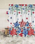 4th of July Shower Curtain, Patriotic Stars Stripes Shower Curtains Set with Hooks, Eucalyptus Leaves Independence Day Waterproof Fabric Bathroom Curtains Decor Accessories, Stall Long 36 X 78 Inch
