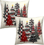 Christmas Trees Throw Pillow Covers 18x18 Set of 2, Xmas Tree Red Black Buffalo Plaid Decorative Pillow Cases Couch Sofa Square Cushion Cover Winter Holiday Farmhouse Home Decor