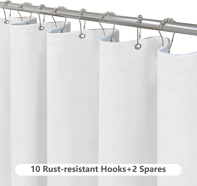 Inhousolu Boho Farmhouse Shower Curtain with Fabric Liner Set, Faux Linen Textured, 12 Metal Hooks Luxury Weighted Hem, Washable Wrinkle Free Bath Curtain for Hotel Bathroom 60" W x 72" L White