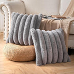 Faux Fur Plush Throw Pillow Covers 20x20 Inch Set of 2 - Luxury Decorative Fuzzy Striped Soft Cozy Pillowcase for Couch, Sofa, Living Room - Darkgrey