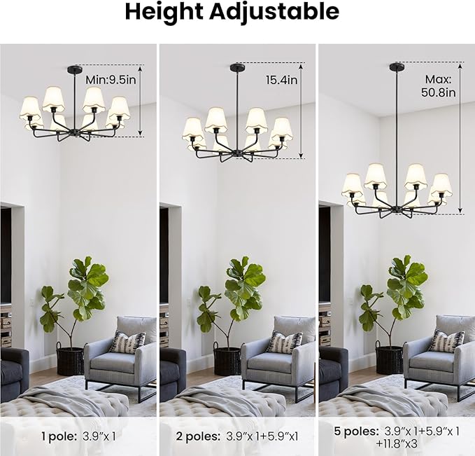 KAISITE Black Chandelier for Dining Room - 8-Light Farmhouse Dining Room Light Fixture Over Table Industrial Kitchen Lighting Fixture Ceiling Hanging Chandelier for Bedroom Living Room Foyer Entryway