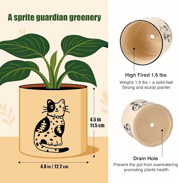 5 Inch Ceramic Plant Pots with Drainage Holes, Small Round Flower Pots for Indoor Plant, Unique Animal Flower Planters (Cat)