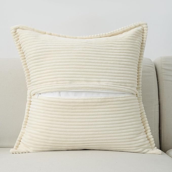 HAUSSY Beige Throw Pillow Covers 20x20 Inch Set of 2,Soft Solid Corduroy Striped/Wide Bordered,Square Decorative Cushion Case,Spring Home Decorations for Couch,Bed
