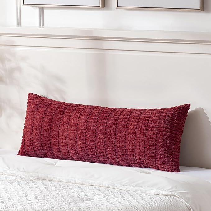 Fancy Homi Burgundy Long Body Lumbar Decorative Throw Pillow Covers 20x54 Inch for Bed Couch Bedroom Bench, Soft Corduroy Rectangle Solid Pillow Case, Rustic Farmhouse Boho Room Decor