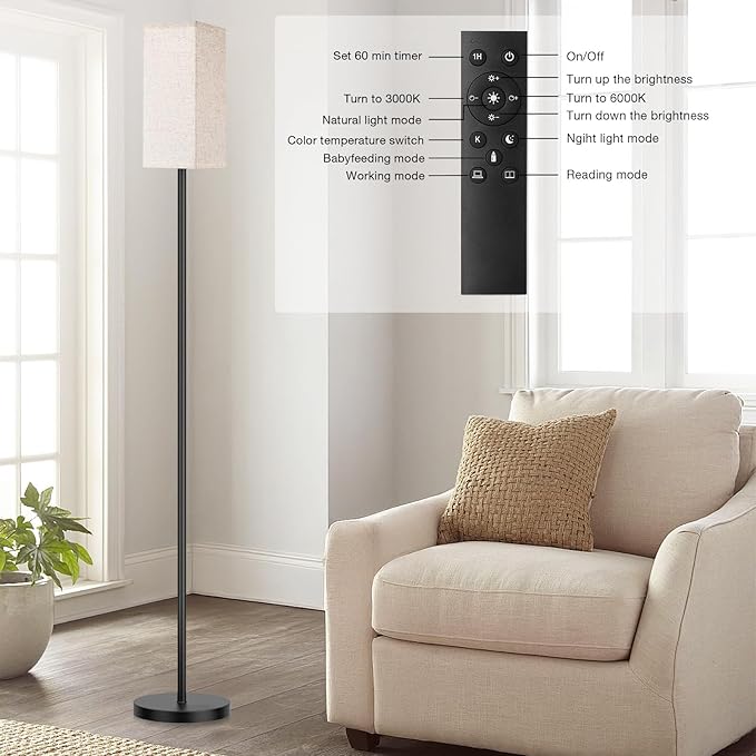 Ambimall 2 Packs Remote Control Floor Lamp, Stepless Dimmable, 64 Inches Tall, Include 9W Bulb, Standing Lamp for Living Room Bedroom Office (Beigh & Black)