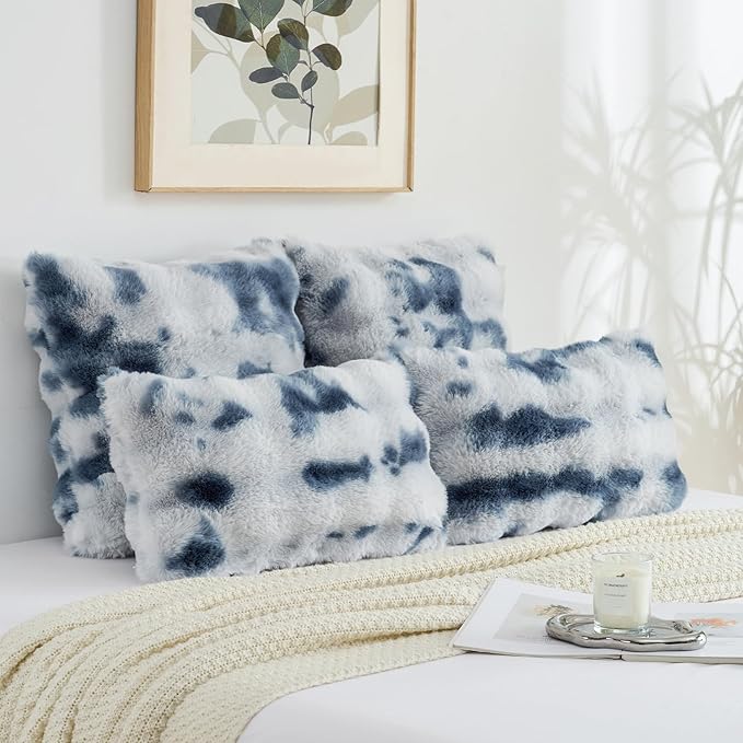 FUTEI Blue White Decorative Throw Pillow Covers 18x18 Inch Set of 2,Soft Fuzzy Faux Rabbit Fur Cushion Covers with Raised Texture,Neutral Boho Home Decor for Couch Bed Living Room
