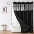 no Hook Shower Curtain and Liner Set，Boho Style with See Through Top Window, Black Fabric Tufted Striped Textured Outer Curtain & Waterproof Inner Liner, DarkBlack, 71Wx86H