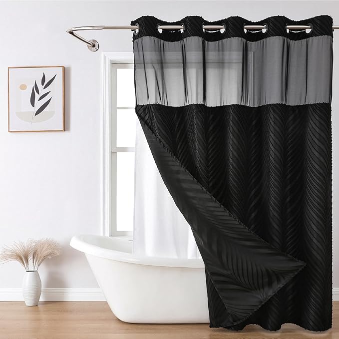 no Hook Shower Curtain and Liner Set，Boho Style with See Through Top Window, Black Fabric Tufted Striped Textured Outer Curtain & Waterproof Inner Liner, DarkBlack, 71Wx86H