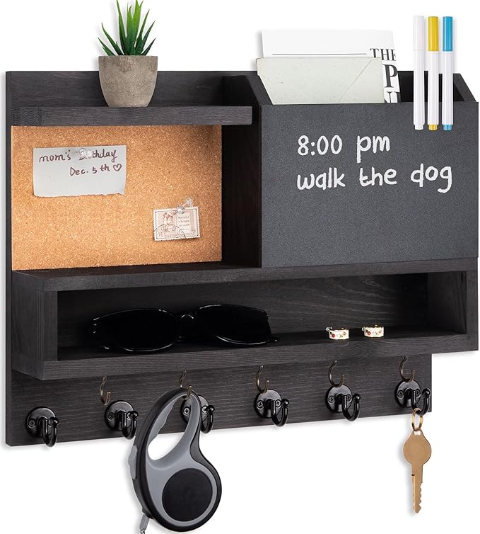 Key Holder for Wall Mount with Mail Organizer, Farmhouse Key Holder for Wall with Shelf, Chalkboard&Corkboard, Entryway Organizer 11 Metal Hooks, Decorative Natural Pine Wood, 14.6*11.1*3.3”, A-Black