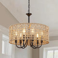 LynPon 17.7" Black Rattan Boho Chandeliers Light Fixtures, 6-Light Farmhouse Hand-Woven Pendant Light with Wicker Shade, Vintage Coastal Hanging Light for Dining Room Living Room Kitchen Hallway