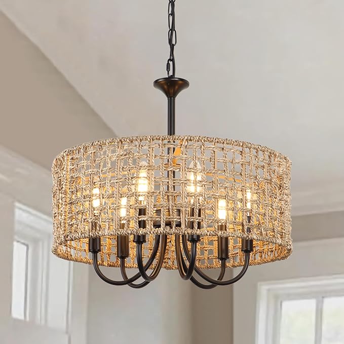 LynPon 17.7" Black Rattan Boho Chandeliers Light Fixtures, 6-Light Farmhouse Hand-Woven Pendant Light with Wicker Shade, Vintage Coastal Hanging Light for Dining Room Living Room Kitchen Hallway