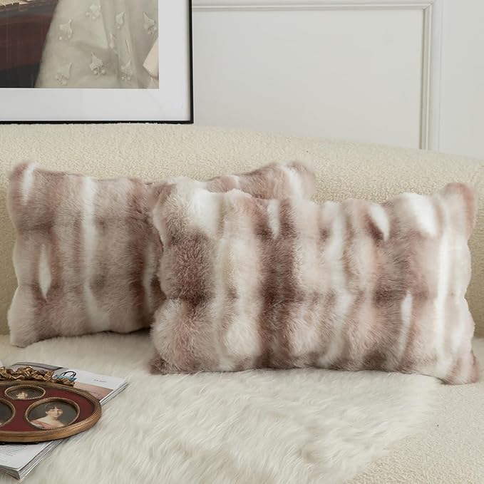 MANDIOO Pack of 2 Thick Plush Wool Decorative Throw Pillow Covers Super Soft Wave Bubble Fur Velvet Cushion Covers Pillow Shams for Couch Bed Living Room 12x20 Inch White Taupe