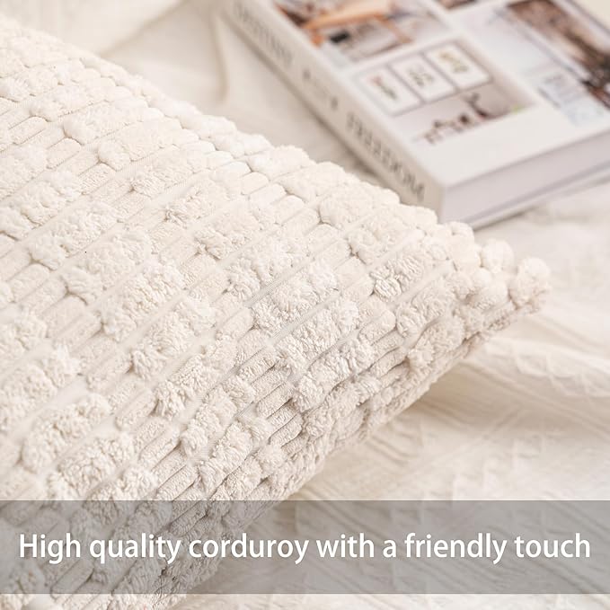 Pack of 2 Corduroy Decorative Throw Pillow Covers 20x20 InchSoft Boho Striped Pillow Covers Modern Farmhouse Home Decor for Sofa Living Room Couch Bed（Cream White）