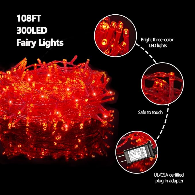 ILLUMINEW 300 Led Red String Lights Outdoor Waterproof Christmas Decorations, 108 Ft Fairy Lights for Bedroom, 8 Modes Plug in Christmas Lights for Outside Room Decor