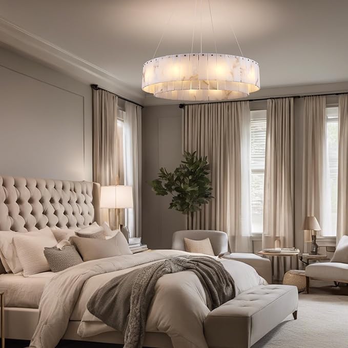 Alabaster Chandelier D31in Spanish Natural Marble Round Chandeliers, 2 Tiers Modern Living Room Chandelier, Alabaster Pendant Light Fixture, Dimmable Chandeliers for Bedroom, Entryway, Foyer