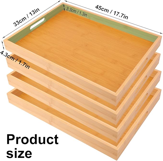 4 Pack Large Bamboo Serving Tray with Handles - 18 x 13 Inch Wooden Dinner Tray, Home Kitchen Decorative Tray, Breakfast Trays for Eating on Couch, Lap Trays, Coffee, Kitchen, Picnic