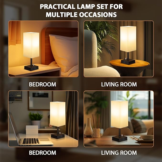 White Fully Dimmable Nightstand Lamps Set of 2 - Table Bedside Lamp with USB C+A Charging Ports & 2 AC Outlets, Square Lamp Sets Linen Fabric Shade for Bedroom Living Room(Bulb Included)