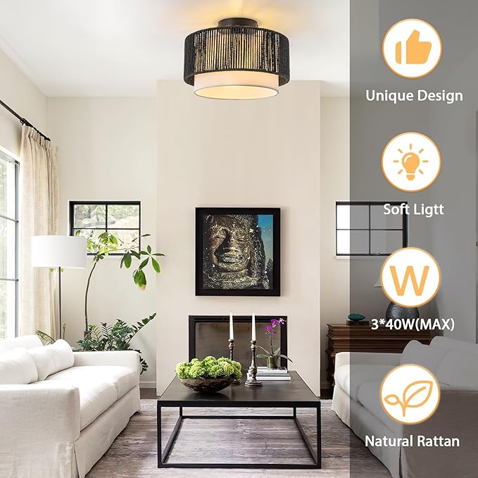 SineRise 12'' Rattan Flush Mount Ceiling Light Fixture,2-Tier Drum Hand-Woven Boho Flush Mount Ceiling Light,Farmhouse Light Fixture for Living Room,Kitchen,Bedroom Foyer Entryway ect.（Black）