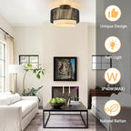 SineRise 12'' Rattan Flush Mount Ceiling Light Fixture,2-Tier Drum Hand-Woven Boho Flush Mount Ceiling Light,Farmhouse Light Fixture for Living Room,Kitchen,Bedroom Foyer Entryway ect.（Black）