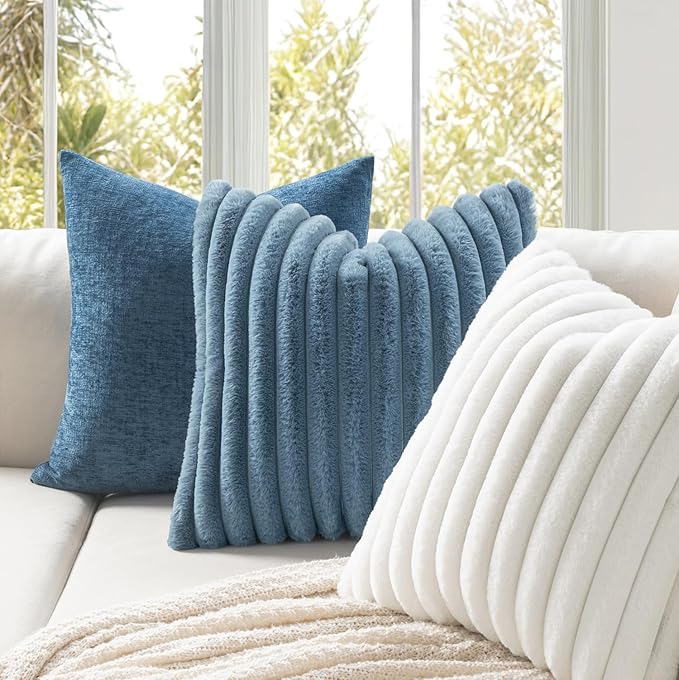 MIULEE Faux Fur Lumbar Decorative Throw Pillow Covers 12x20 Inch Set of 2, Coastal Modern Art Home Decor Soft Plush Couch Pillows Cozy Fluffy Cushion Covers for Sofa Bed Grey Blue