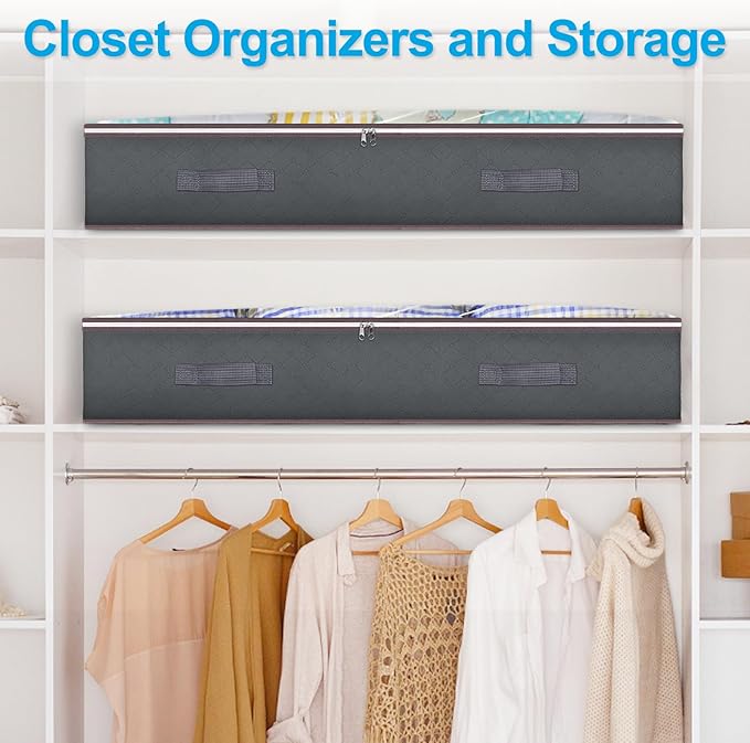 Budding Joy 90L Under Bed Storage Containers, Closet Organizers and Storage Bins, Foldable Underbed Storage Bags for Blanket, Clothing, Comforter, Sweaters, Pillows, Linen Sheets, Wrapping Paper, Grey